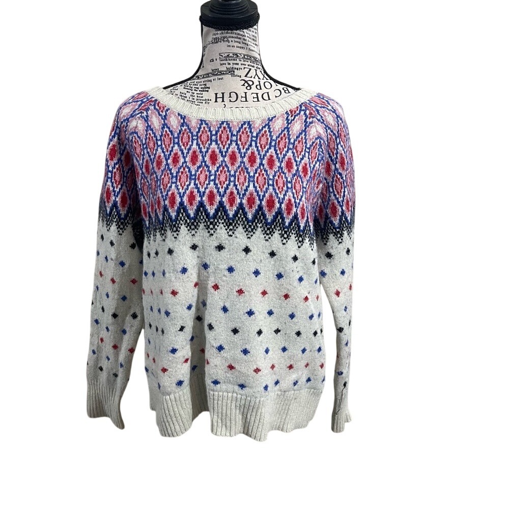 American Eagle Fair Isle Metallic Wool Rabbit Hair Knit Sweater White Red Blue